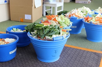 切った野菜がバケツに山盛りに入れられている写真