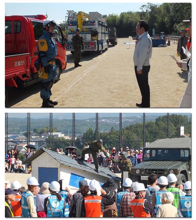 消防車の前に立つ消防団員の写真と倒壊した家屋の模型を使って行われた訓練の様子の写真