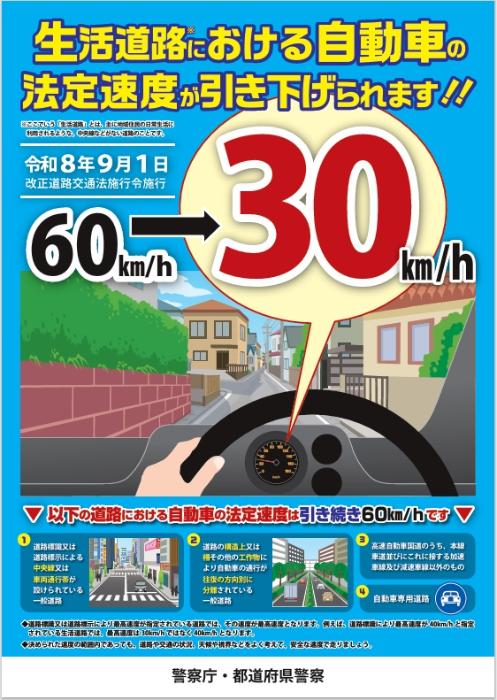 生活道路における自動車の法定速度が30キロに引き下げられることを伝えるポスター