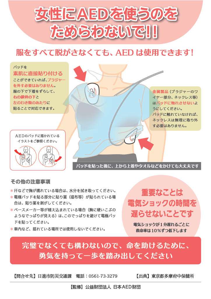女性に配慮したAEDの使用方法(出典:東京都多摩府中保健所)表面