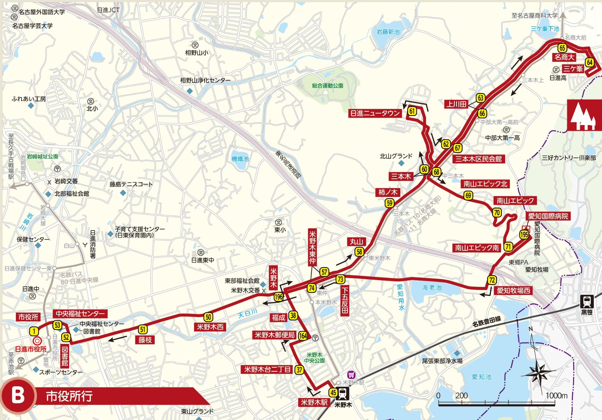くるりんばす三本木線 路線図 平日昼2,4,6,8便(市役所行)