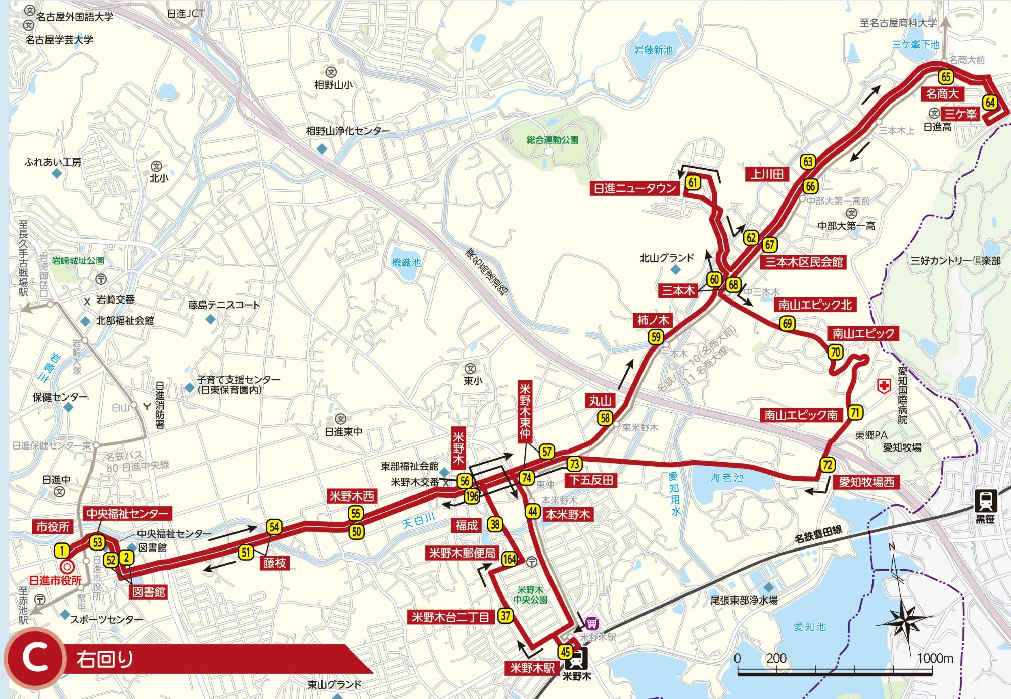 くるりんばす三本木線 路線図 土休日夕1,2便