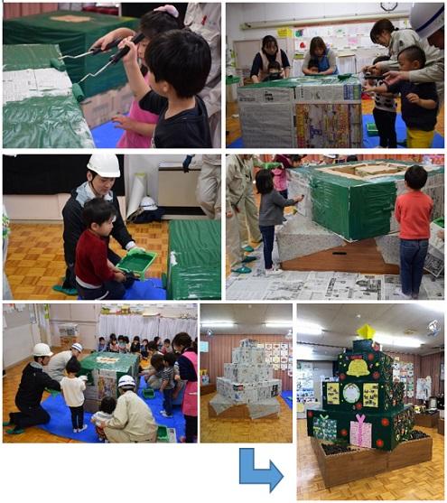 塗装屋さん体験をしている園児の様子と出来上がった段ボールで作ったクリスマスツリーの写真