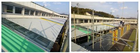 色の塗分けをしている工事現場の様子の写真