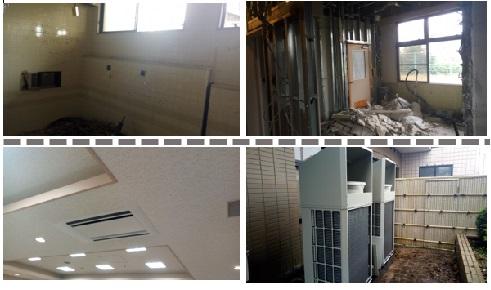 上段トイレ工事はつり状況、下段空調工事状況の写真