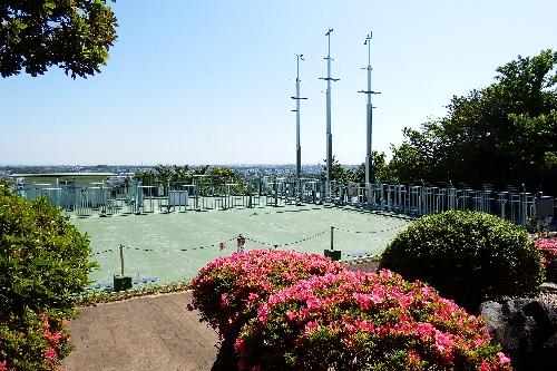 サツキの花の向こうに見える、展望台の3基のモニュメントポールの写真
