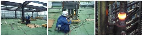 鉄骨柱を鉄筋で囲う2人の作業員の写真、鉄筋を炎で加熱している作業員の写真、つなぎ合わされて赤くなっている鉄の写真