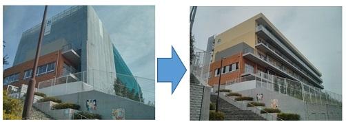 左・外部足場撤去前、右・外部足場撤去後の写真