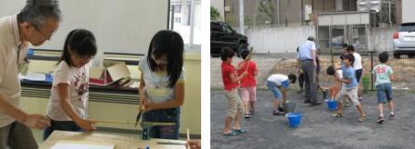 発明クラブで4年生クラスの子供たちが水・紙鉄砲を指導を受けながら作成している写真