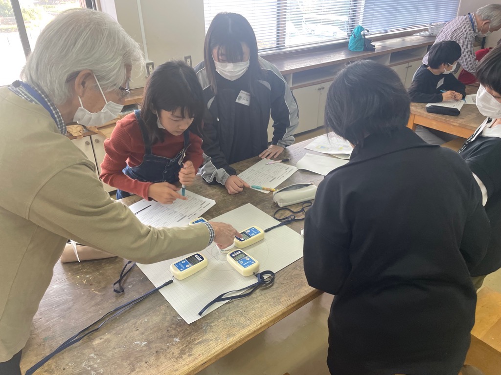 はかるくんを使って放射能を測定する子どもたち