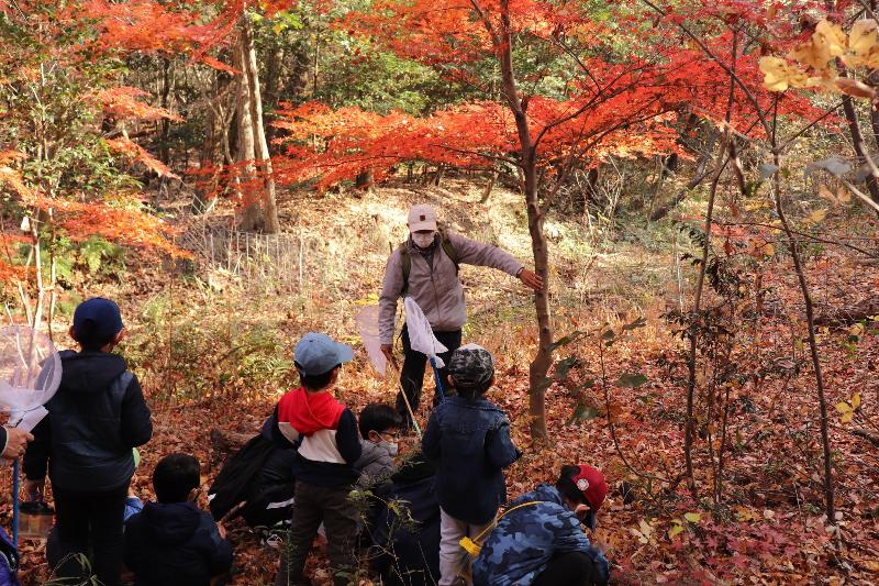 総合運動公園の林の中で説明する鬼頭さん（中央）