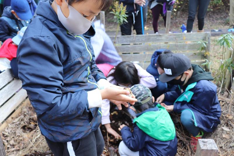 幼虫を手のひらに乗せて見つめる参加者