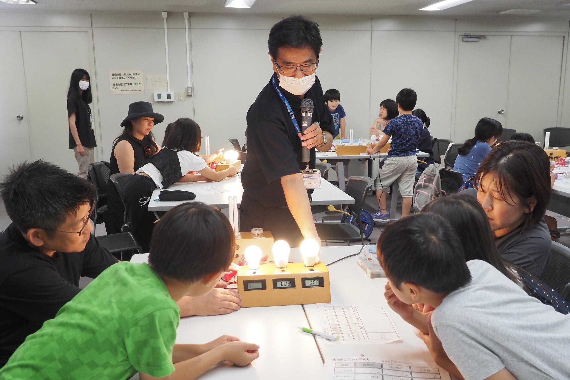 ランプの下に設置されたメーターを観察する子どもたちの写真
