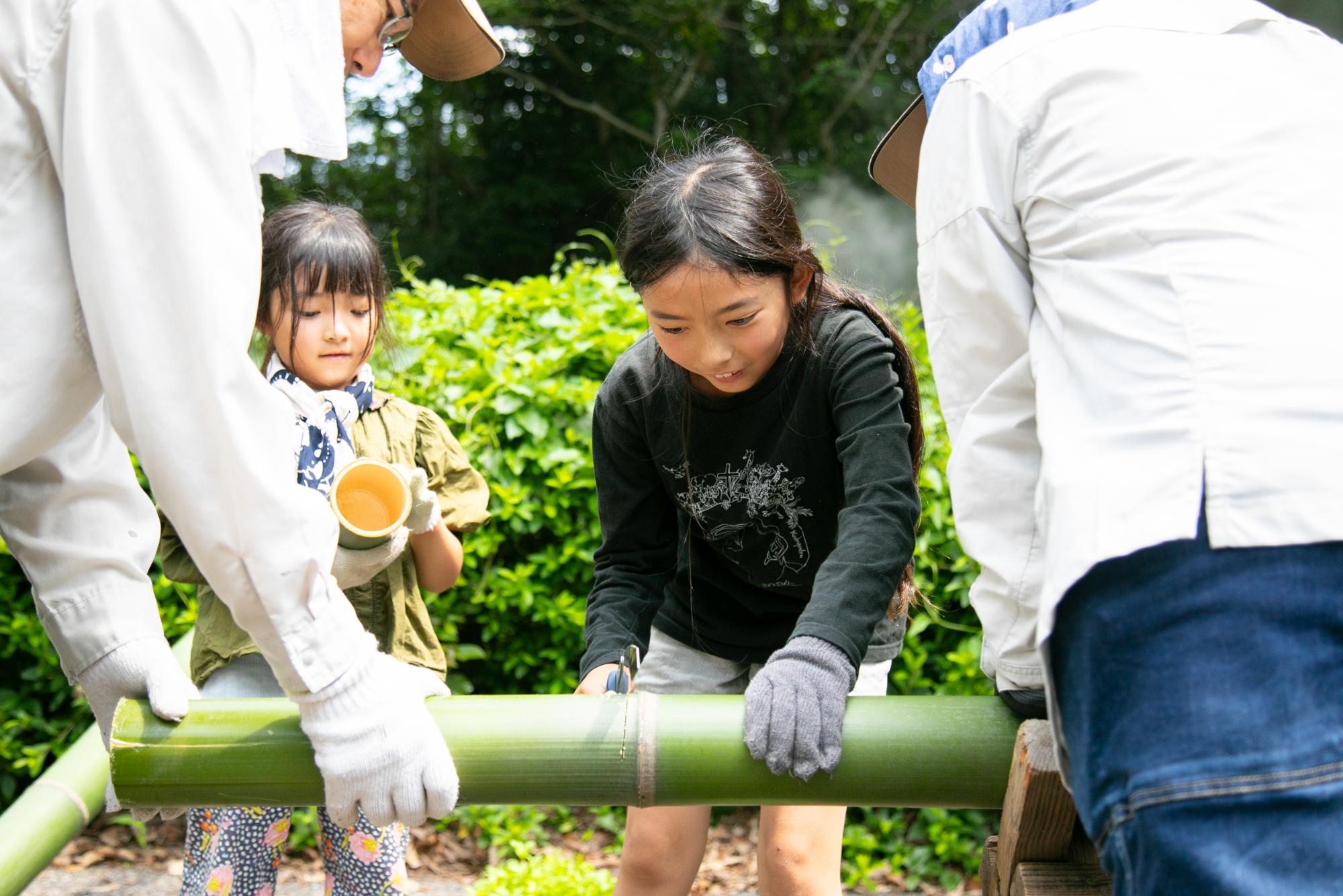 竹をのこぎりで切る参加者のこどもの写真