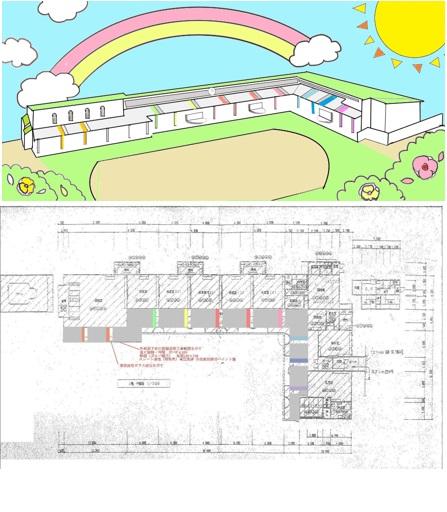 ひさし色決定した保育園のイラスト図と図面