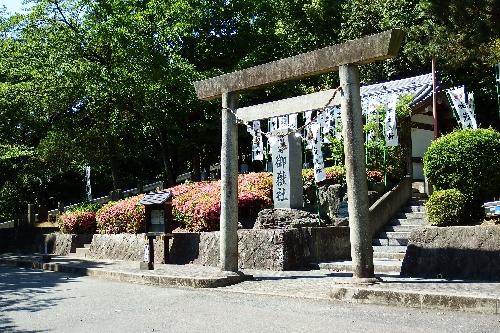 岩崎御嶽社と刻まれた石柱と石の鳥居の横に咲き誇るサツキの写真