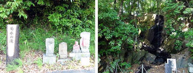 左は菊水の滝の標と4基の石のお地蔵さんの写真、右は滝の写真