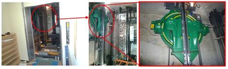 エレベータ機械 通称ミドリガメの設置位置と、ミドリガメの拡大写真