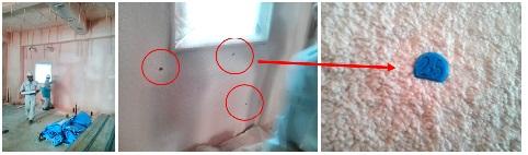 ウレタン断熱材検査の様子、壁に差し込まれたピンを赤い丸で囲った写真、青いピンの拡大写真
