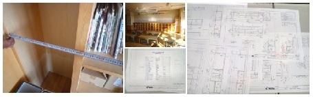 巻尺で既存教室の家具のサイズを図っている様子、教室の写真、図面の画像