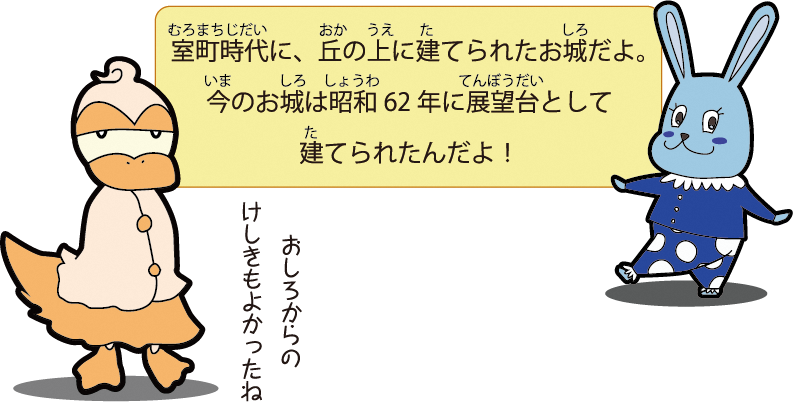 室町時代に、丘の上に建てられたお城だよ。今のお城は昭和62年に展望台として建てられたんだよ！おしろからのけしきもよかったね